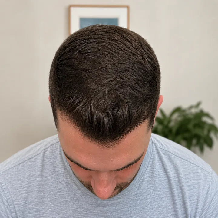 After consistent peptide hair serum use showing fuller-looking hairline and crown coverage