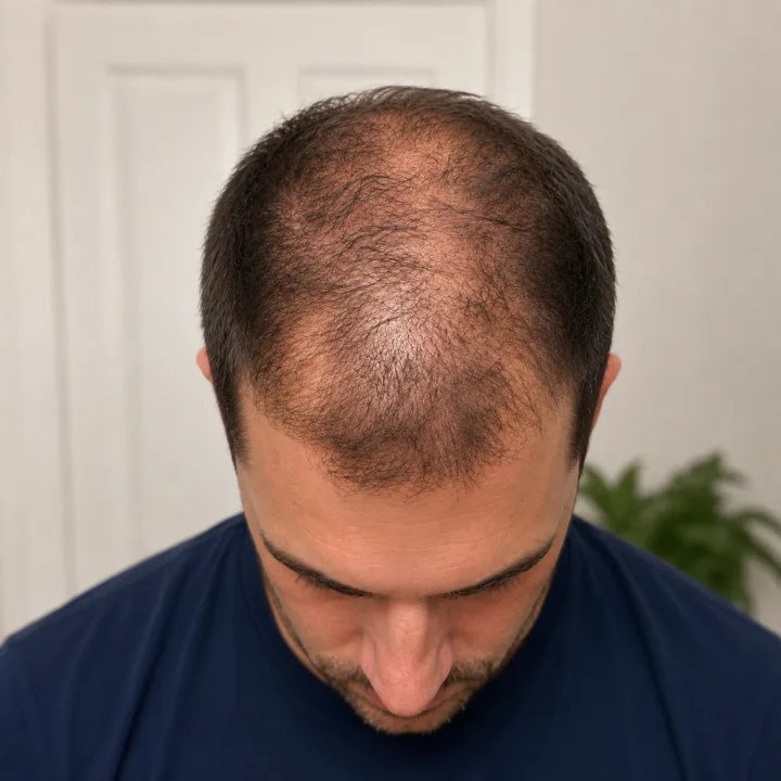 Before peptide hair serum use showing visible thinning at the hairline and crown